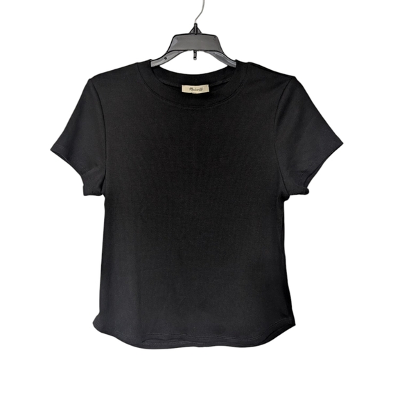 Madewell Black Regenerative Fitted Soft Cotton Short Sleeve Ribbed Crewneck Tee - Picture 1 of 9